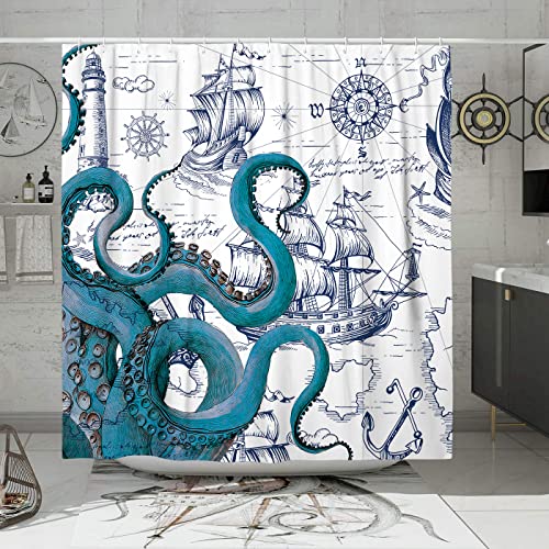DESIHOM Ensemble de Rideaux de Douche en Polyester Motif Pieuvre Nautique, drôle de Kraken pour Salle de Bain, Plage, Pirate, Carte de Pirate côtière, 183 x 183 cm