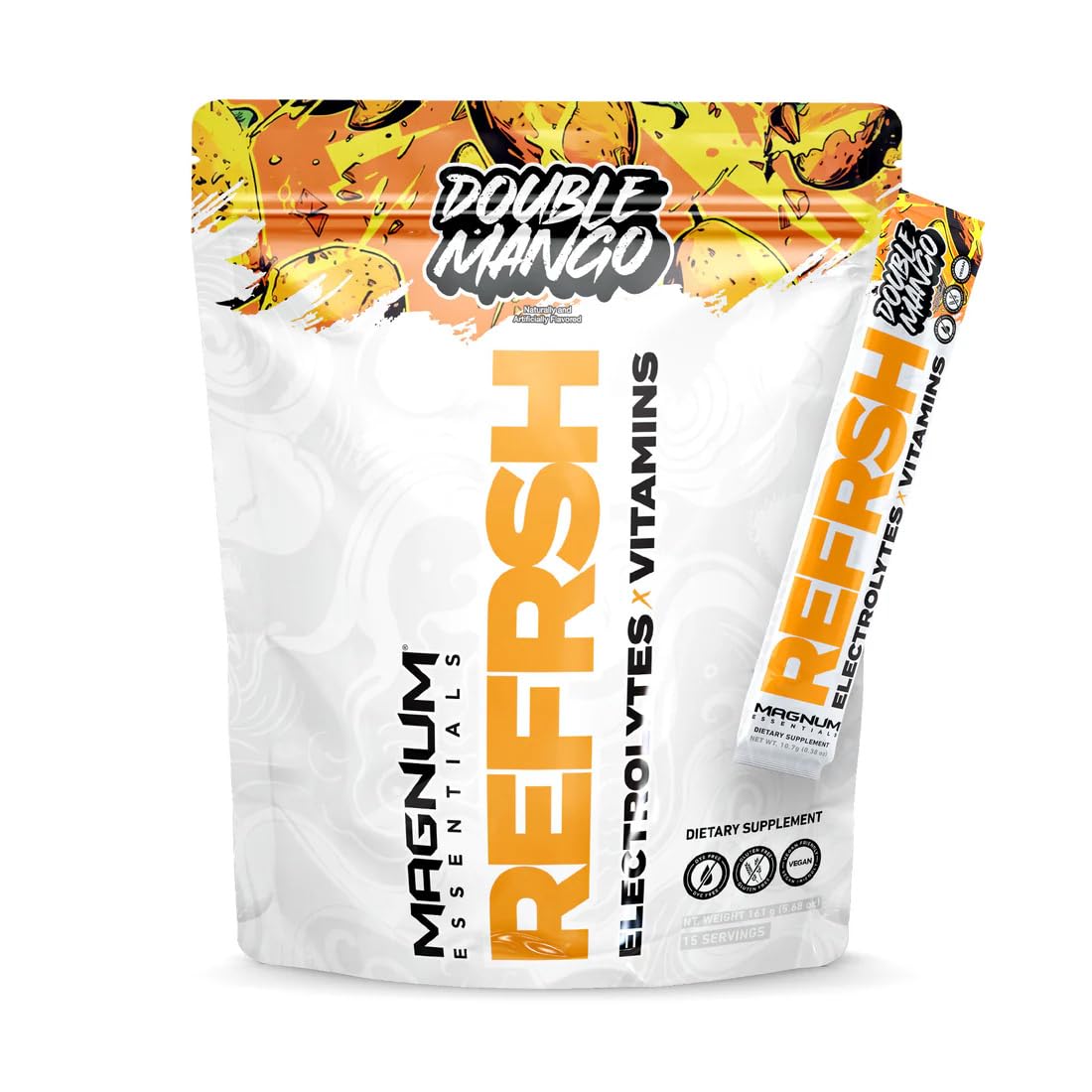 Magnum REFRSH Electrolytes + Vitamins Packets | Hydration Blend with Electrolytes & Vitamins | Supports Hydration & Endurance | Convenient On-the-Go Sticks | 15 Servings (Double Mango)