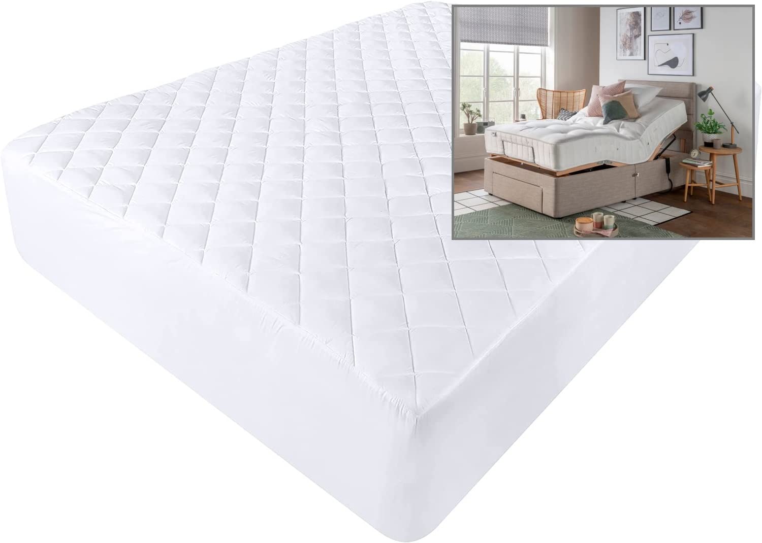 Bedtime Comforts Ltd White Electric Adjustable Bed 150G Fitted Mattress Protector (48" X 78") 4' X 6'6 “Premium Range” (10" (26Cm)
