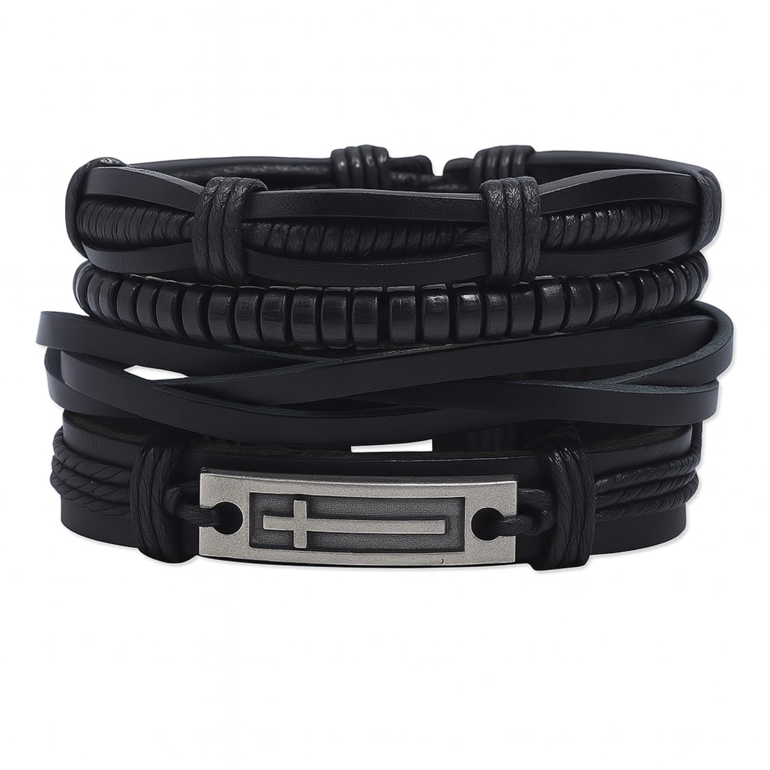 Vientiq Contemporary Casual Black Leather Beaded Braided Bracelet For Men/Boys