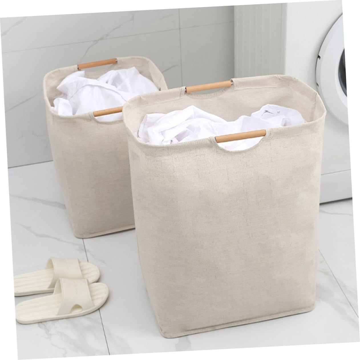 Faltbarer Wäschekorb 2 Stück aus Baumwolle Leinen und Holz, Beige