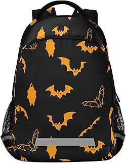 JHKKU Halloween Bats School Backpack for Boys Girls Portable Wide Shoulder Strap Elementary School Bag Lightweight Travel Bag with Reflective Strip