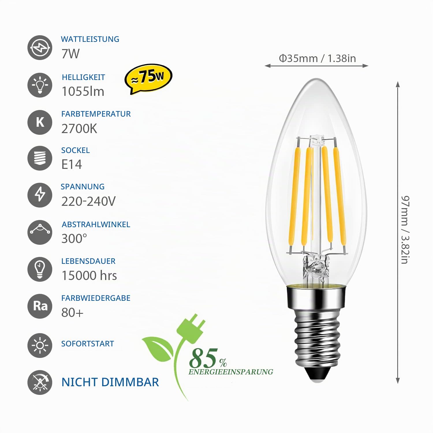 LVWIT E14 LED Warmweiß 7W, Kerzenlampe für Kronleuchter, Filament Glühbirne Kerzeform E14 1055LM 2700K, ersetzt 75W Halogenlampen, Classic Glühfaden, Nicht Dimmbar, 12er Pack