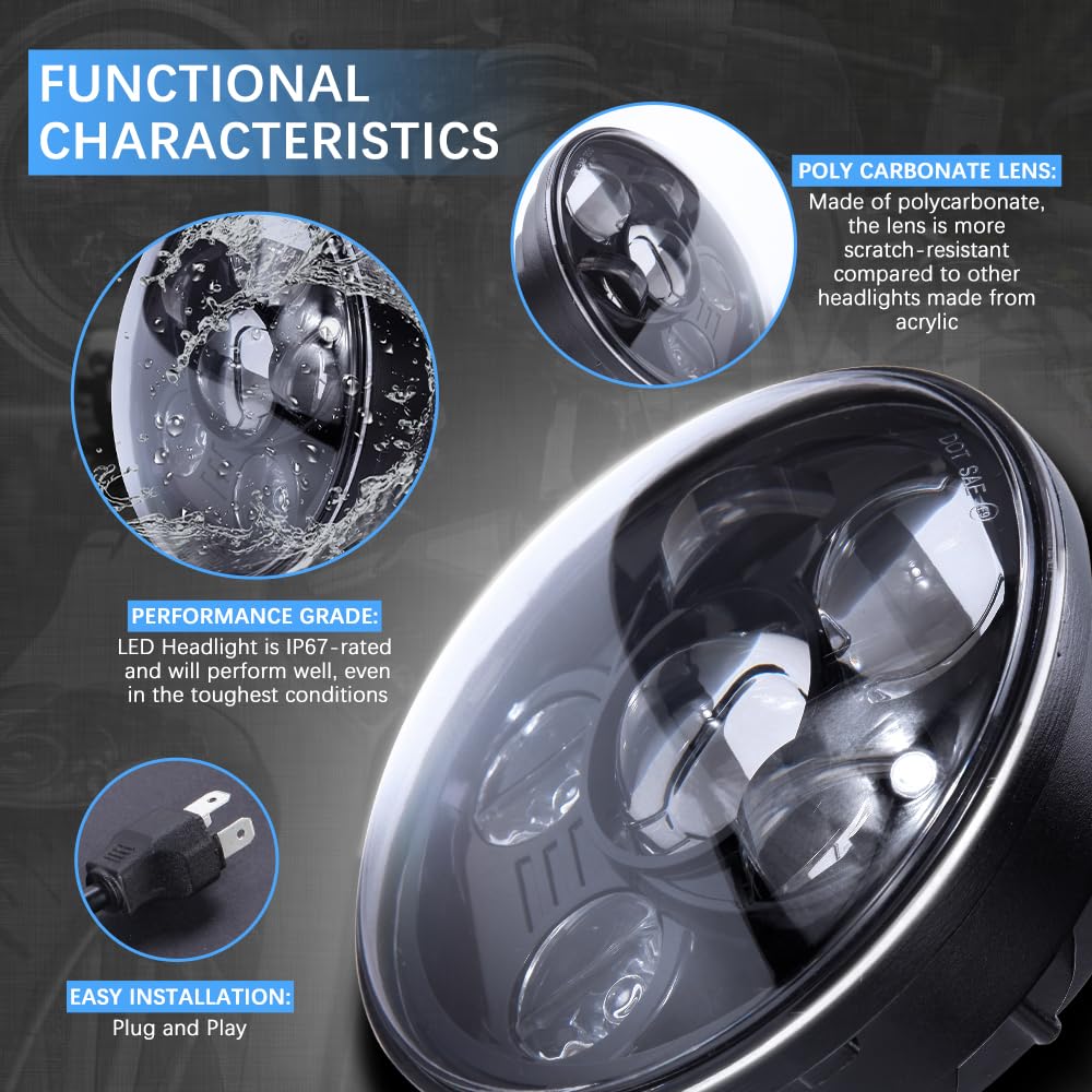 DREAMIZER Faro Led Moto da 5.75 pollici Omologato con DRL Bianco Angel Eye Indicatore Ambra Compatibile con Harley Road King Street Glide Softail Electra Glide J-eep Wrangler JK TJ