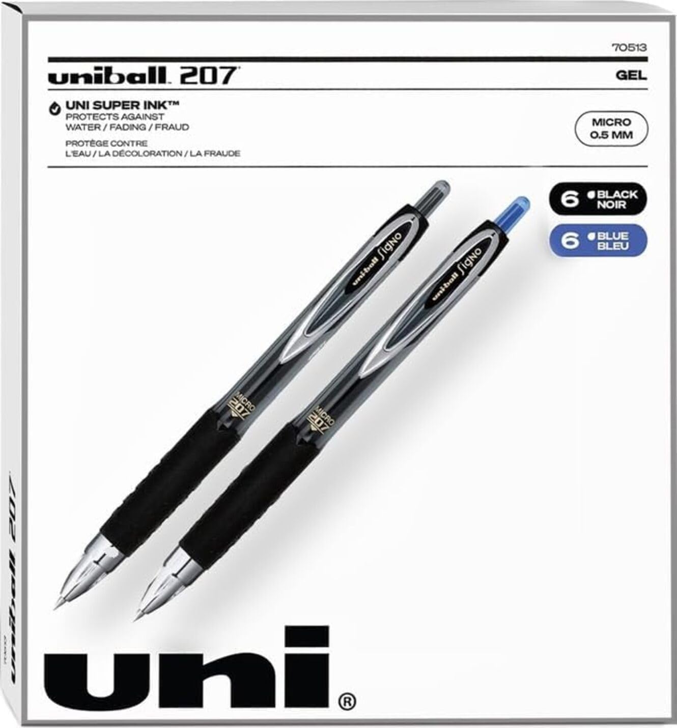 Uniball Signo 207 - Retractable Gel Pen, 0.5mm Micro Point, 12 Pack; 6 Black & 6 Blue