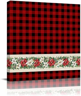 Black Red Plaid Canvas Print Wall Art Poinsettia Christmas Winter Flowers Framed Canvas Art Wall Decor Pictures Painting Morden Artwork for Living Room Bedroom, Ready to Hang - 12"x12"