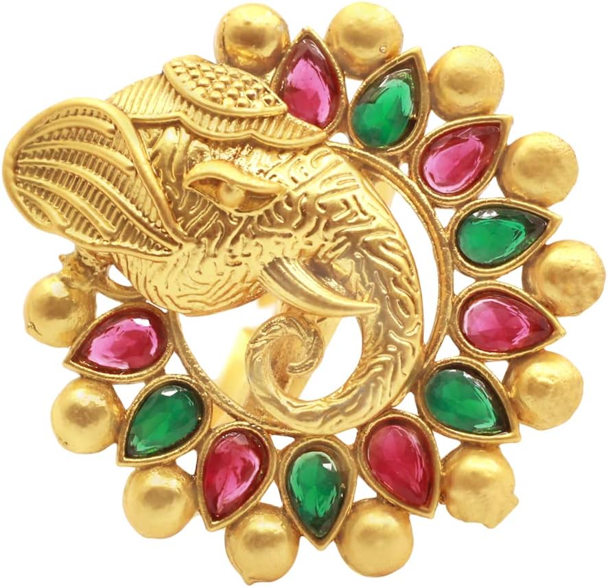 SAIYONILord Ganesh Design Multicolor Adjustable Antique Gold Plated Finger Ring