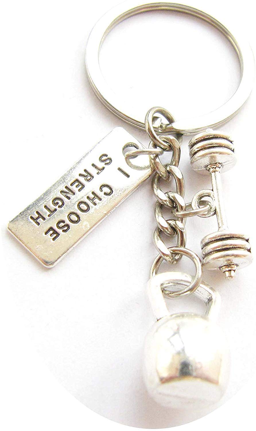 Keychain Men's Ancient Silver I Choose Strength Bodybuilding Weight Lifting Fitness Dumbbell Key Ring, Kettlebell (1)