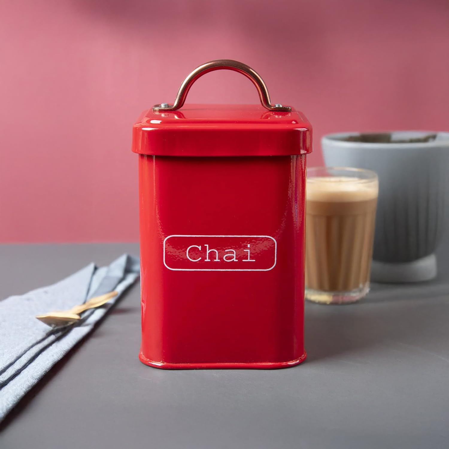 MARKET 99 Red Rectangular Storage Jar | Mild Steel Airtight Container for Tea, Coffee, Sugar & Kitchen Essentials | Decorative Metal Canister for Pantry, Countertop & Kitchen Organization