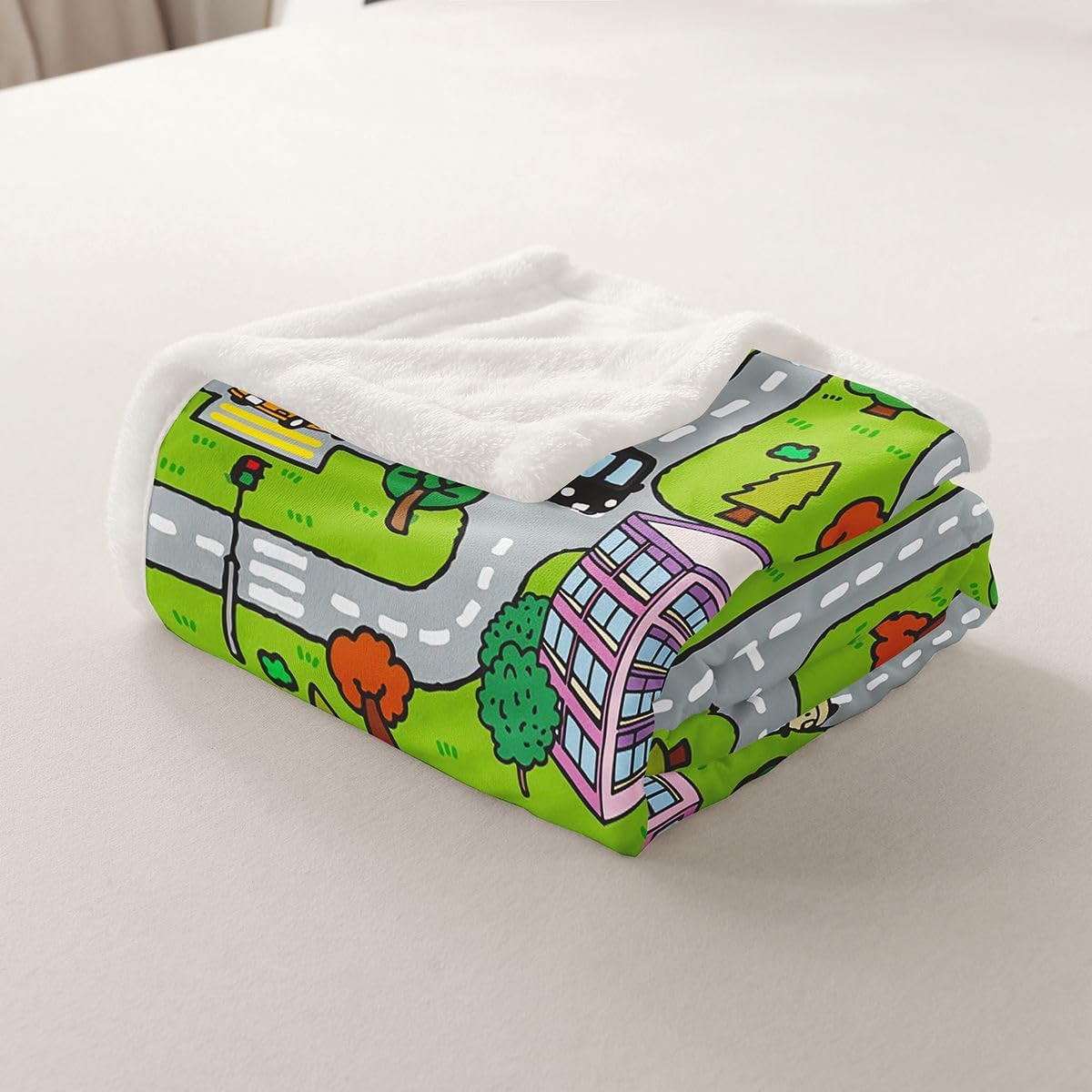 Queen 90"x90" Playing Car Fuzzy Blanket Road and Traffic Flannel Fleece Throw for Sofa Couch Toddler Soft Colorful Fun Game Sherpa All Season Educational Race Track Plush