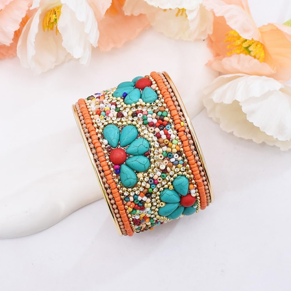 Bohemian Turquoise Stone Bracelets for Women Stackable Multilayer Beaded Bracelet Handmade Wide Cuff Bangle Trendy Boho Jewelry for Best Friends Dainty Hippie Charm Bracelet - Image 6