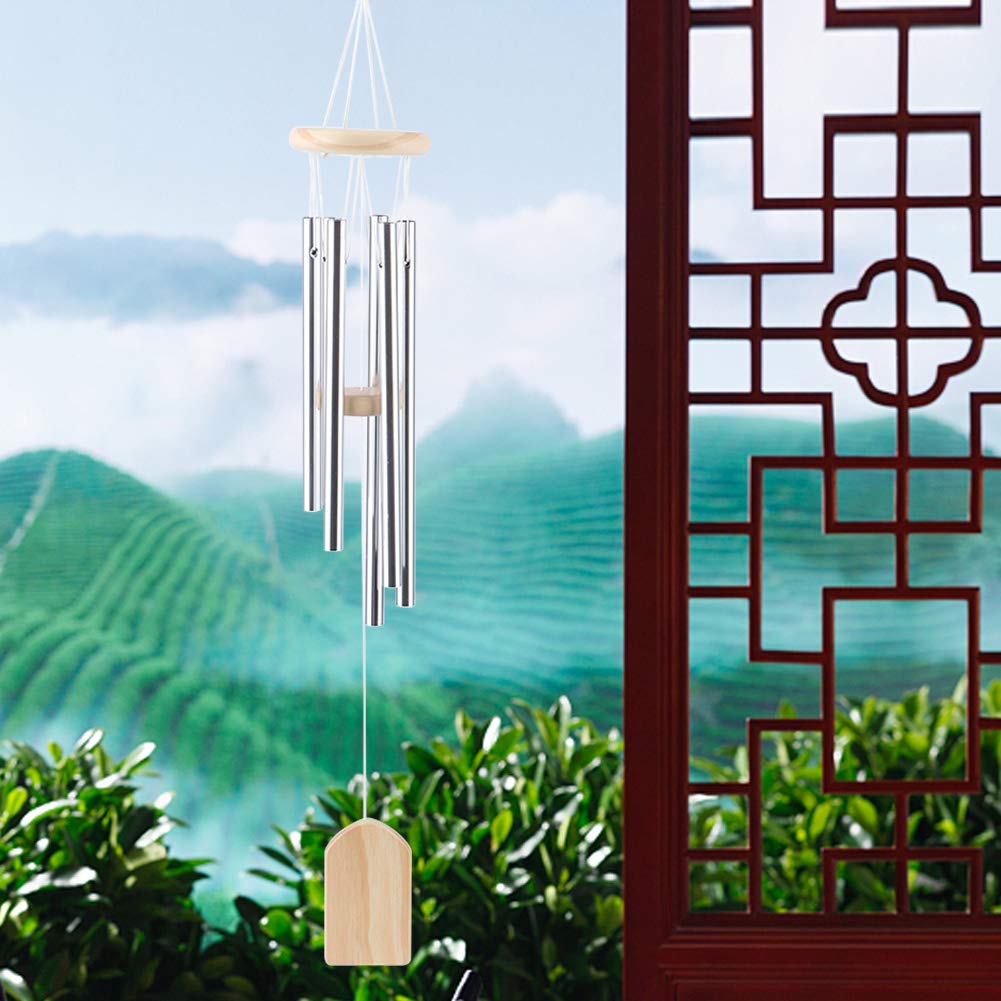Carillon éolien En Bois Et Acier Inoxydable - 6 Tubes, 65 Cm De Haut - Décoration Jardin Ou Intérieur, Son Apaisant - 7