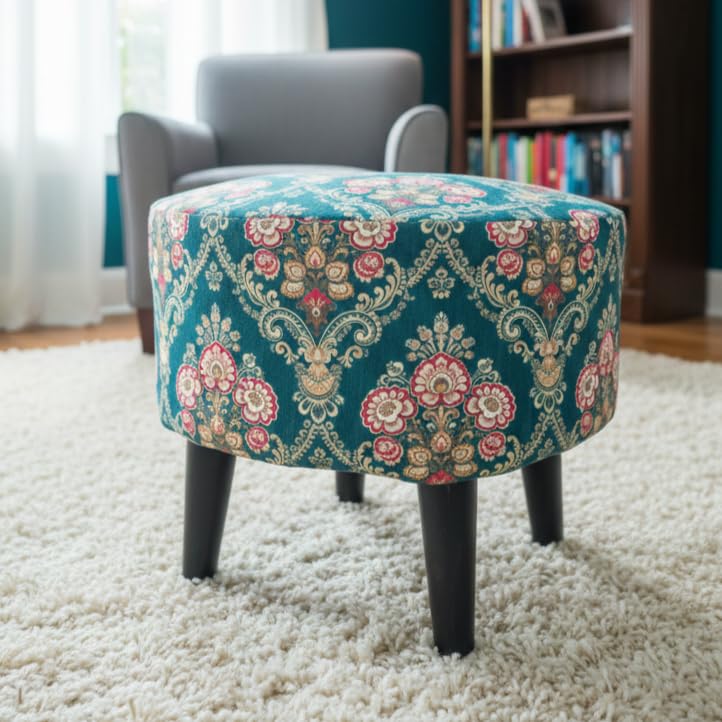 Image of Foot Rest Ottoman Teal Floral Damask (1 Seater Footrest, Sheesham Wood, Black) Ottoman, Stool, Wooden Stool, Footrest, Pouffe, Seating Stool, Living Room Stool