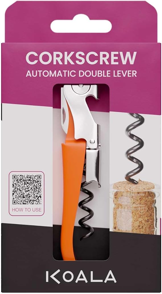 Two-Stroke Double Lever Corkscrew, Teflon Anti-Tear Spiral Corkscrew, Stainless Steel, Orange