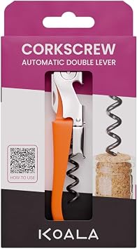Two-Stroke Double Lever Corkscrew, Teflon Anti-Tear Spiral Corkscrew, Stainless Steel, Orange