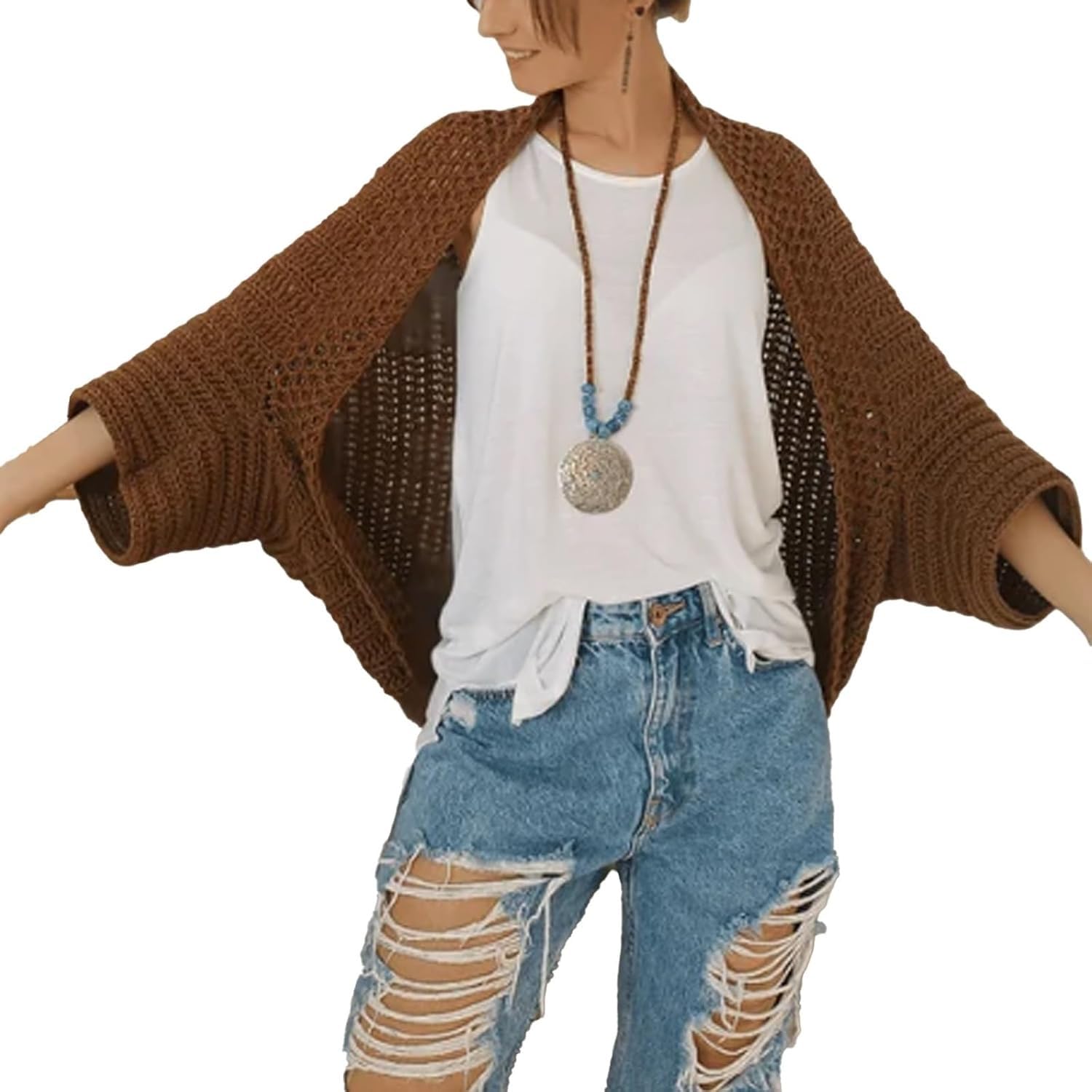 YOMACY Crochet Cocoon Shrug,Boho Cardigan For Women,Scarf Sweater Knitted Cable Wrap With Sleeves,Knitted Wrap,Cozy Crochet Cocoon Shrug(Coffee)