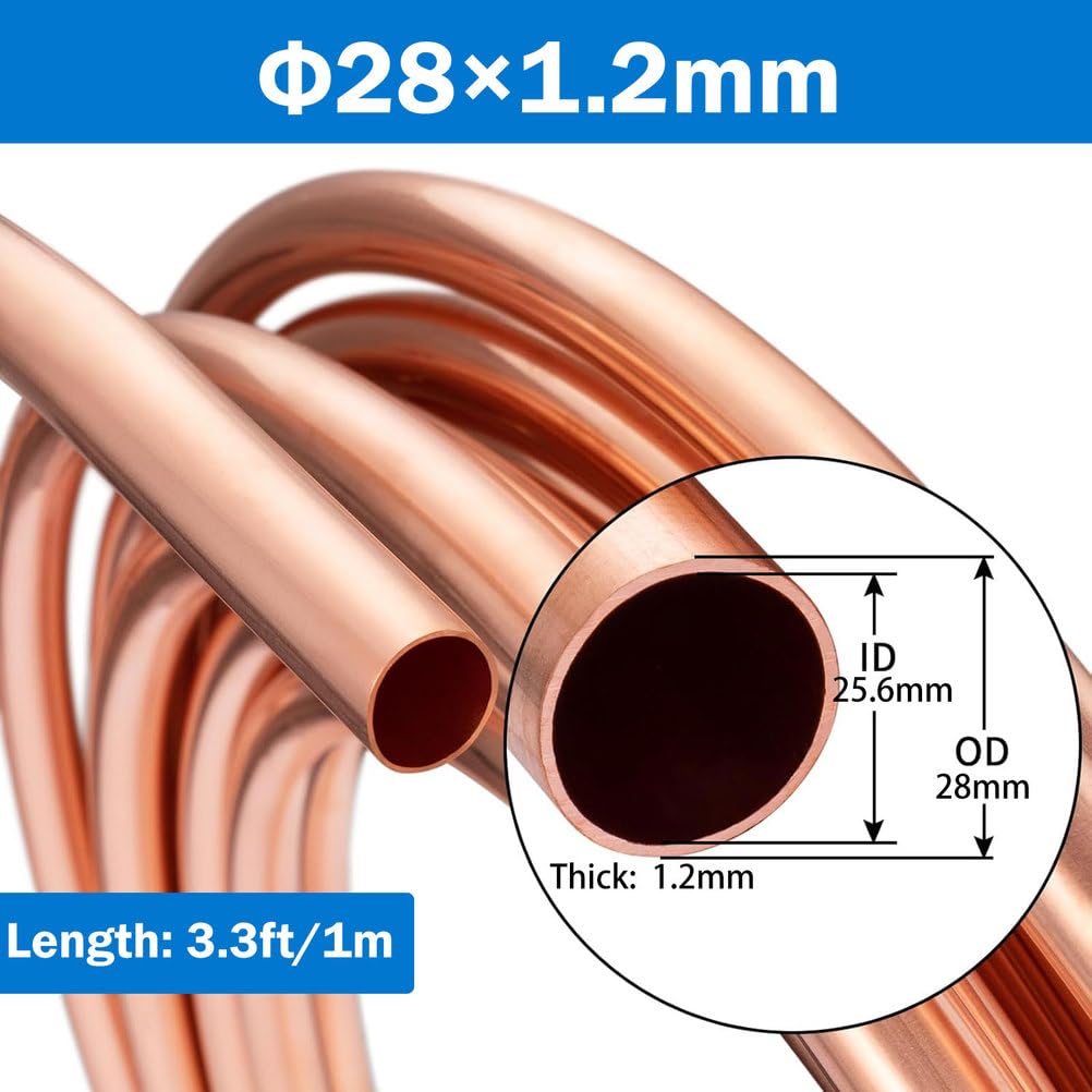 T2 Kupferrohr Weich 1m, 19–28mm Außendurchmesser, Biegbare Nahtlose Kupferleitung für Klimaanlagen, Kälteanlagen, Heizsysteme, Sanitärinstallation,Φ28×1.2 mm