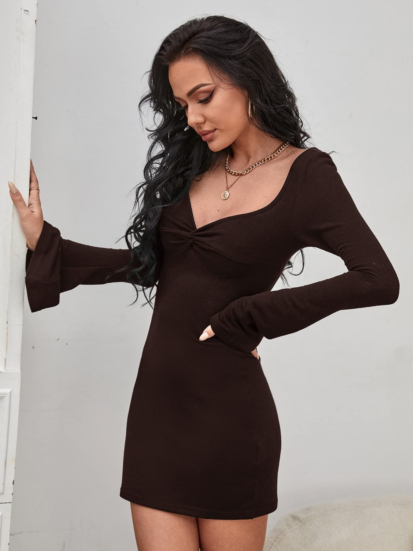 ZYQZXHN women's spring dresses Twist Front Flounce Sleeve Bodycon Dress (Color : Chocolate Brown, Size : XS) : Buy Online at Best Price in KSA