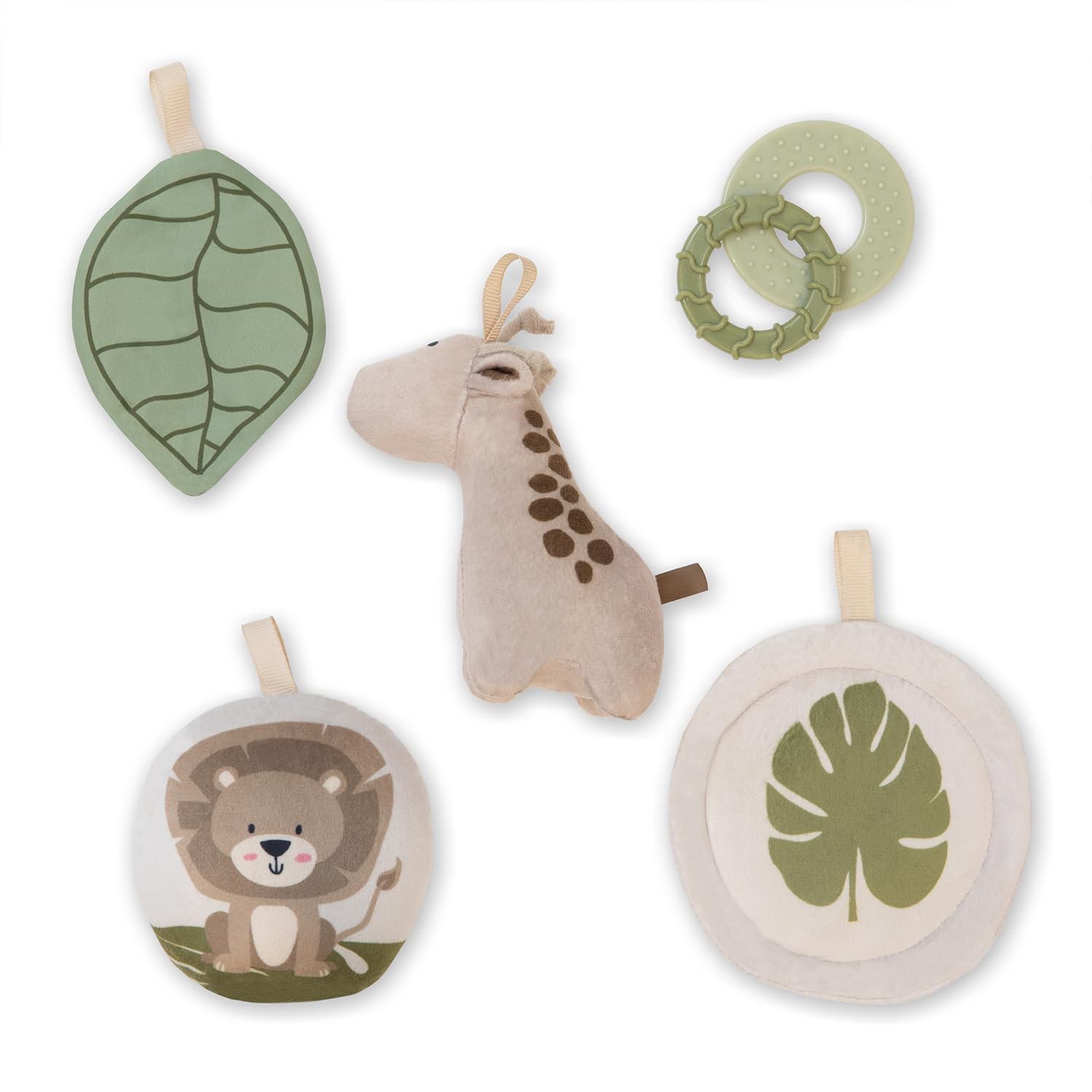 MoMi LUANI Arco de juego con alfombra para gatear, Ø 72 cm (interior), borde alto de 10 cm, 6 juguetes lavables: espejo, juguete con chirrido, jirafa de peluche con sonajero, dos mordedores