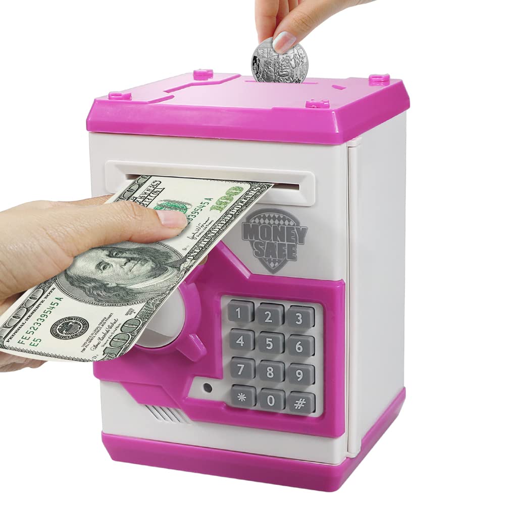 karsiqi Piggy Banks Money Banks, Electronic Code Lock with Password Box Mini ATM Money Safe Save for Paper Money and Coins, Best Gift for Kids Boys & Girls (Pink)