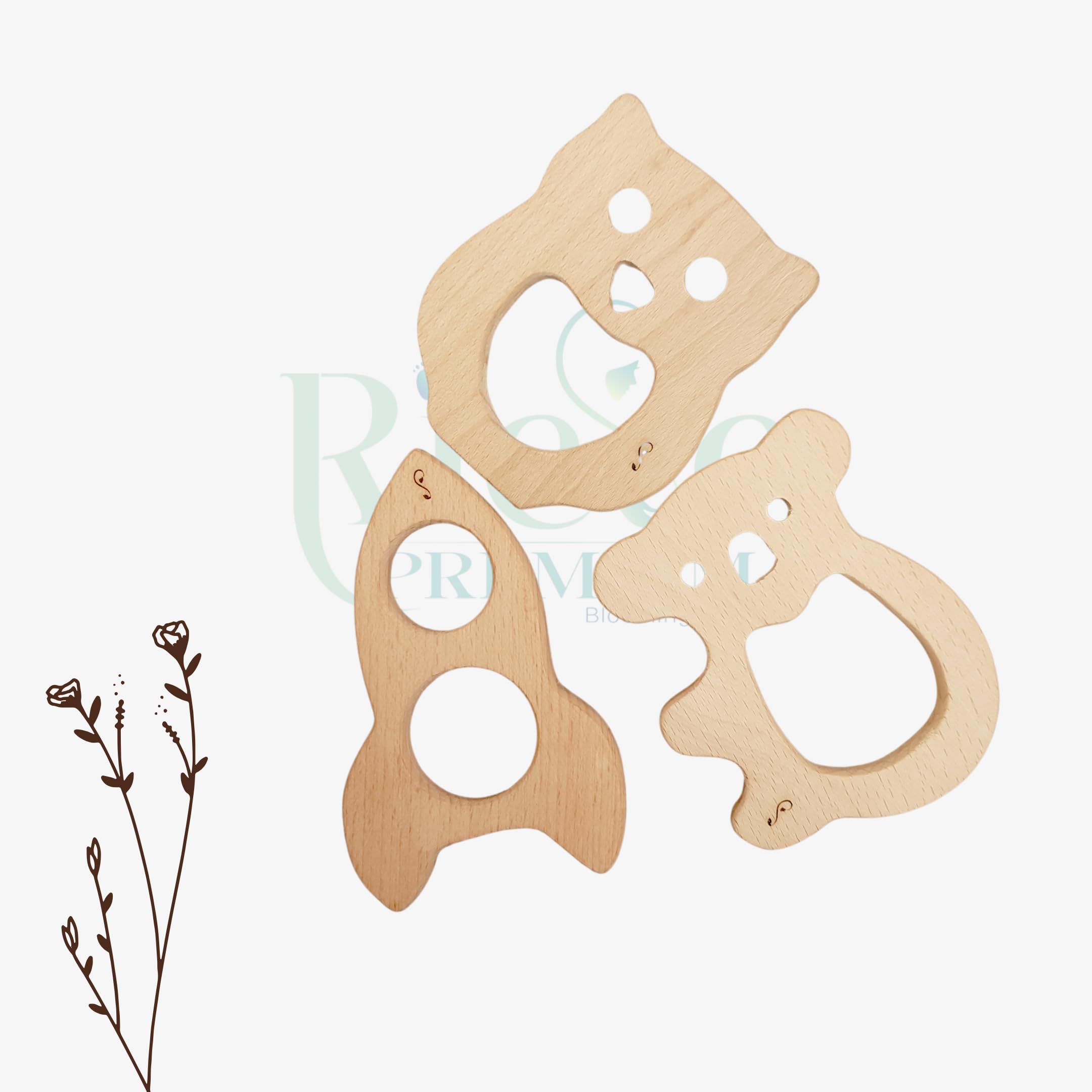 RIESE PREMIUM Infant steam Beech Soft Wooden Teethers in Different Shape| 100% Natural| Toxic Free teethers| Child Safe Teethers| Organic Teether| Set of 3 teether (Owl_Koala_Rocket)