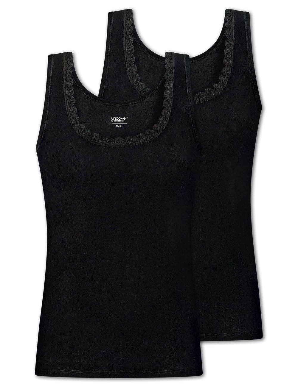 Uncover by Schiesser Women's Uncover by Schiesser Women's 2 Pack Tank Top with Lace - Underwear - Multipack - Uncover Cotton Lace Vest (Pack of 2), Black_183696, M