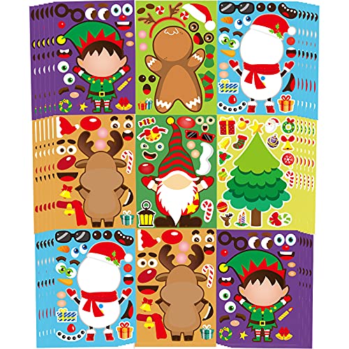 36 Sheets Christmas Party Games Sticker, Make Your Own Gnome Gingerbread Man Snowman Reindeer Face Christmas Character Stickers, Mix and Match Sticker Sheets Christmas Crafts Activities Sticker for Kids Boys Girls Winter Holiday Christmas Party Favors