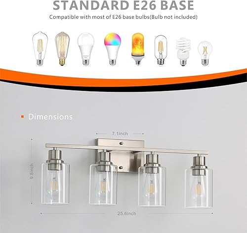 Miniatura 3 de Luces de tocador de níquel cepillado para baño, 4 luces de baño sobre espejo, apliques de pared modernos de granja con vidrio transparente para sala