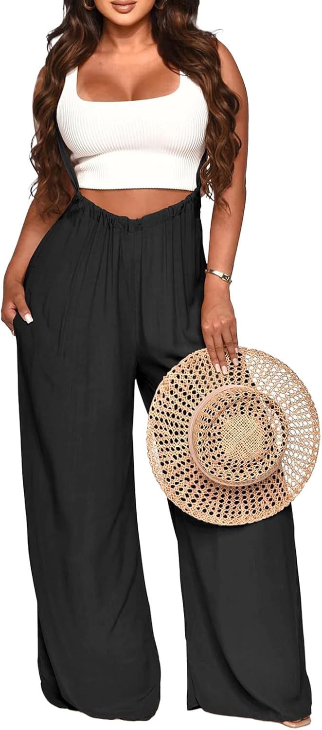 Nimsruc Womens Jumpsuit Casual Loose Sleeveless Adjustable Spaghetti Straps Wide Leg Pants Baggy Overalls With Pockets