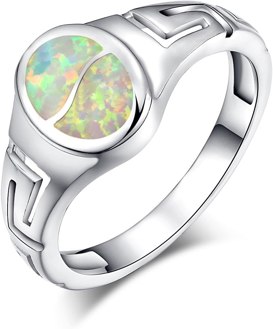 Rhodium Plated Sterling Silver Synthetic White Opal Retro Ring for Women (7#)