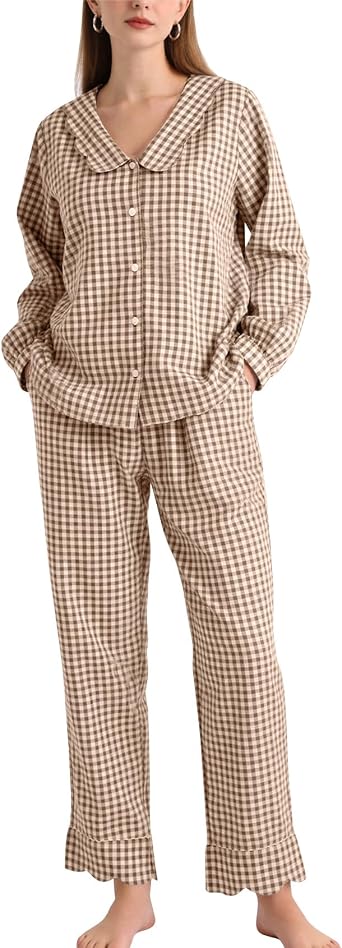 COZYPOIN Womens 100% Cotton Gingham Pajama Sets Scalloped Collar Button Down Long Sleeve Sleepwear Soft Plaid Loungewear