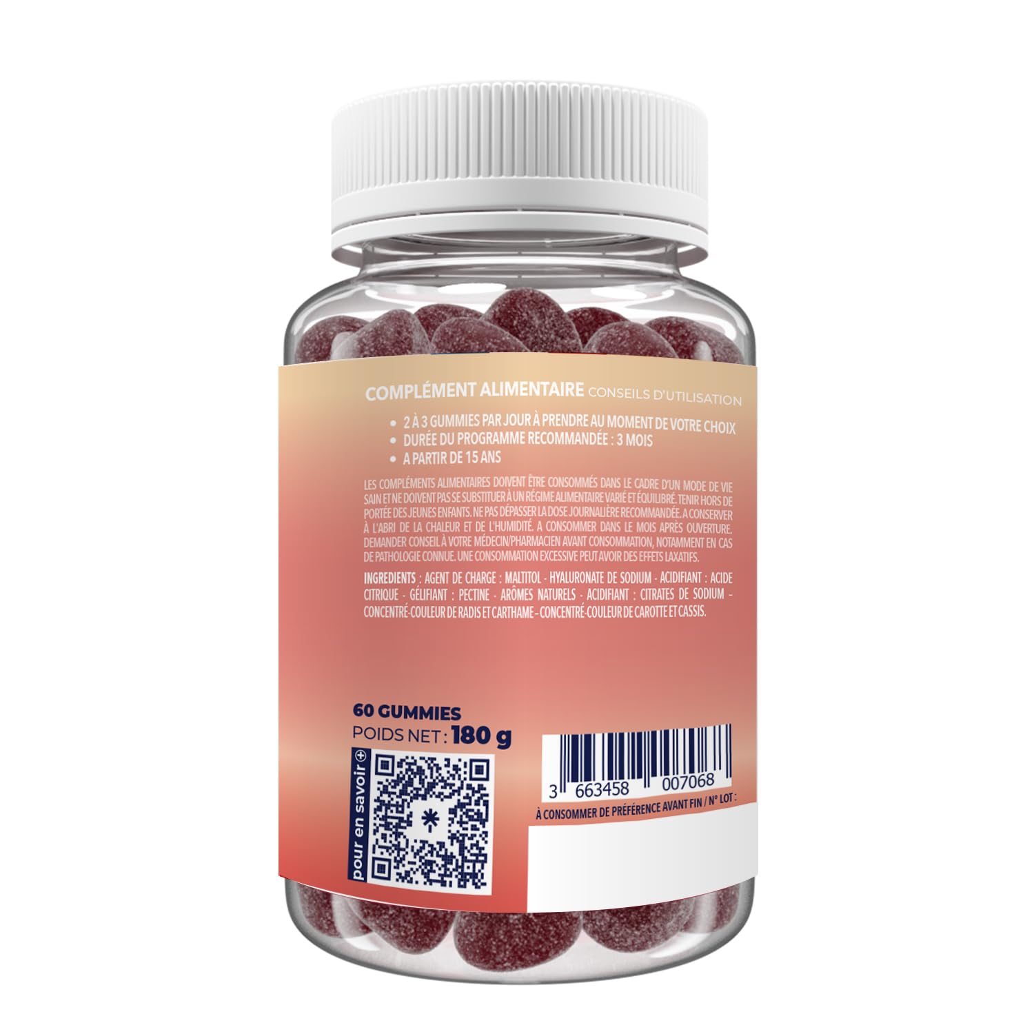 ZOHI - Coffret Compléments Alimentaires - Acide Hyaluronique - Cure de 3 Mois - 3 x 60 Gommes de Fruits Goût Framboise Pêche - 180 Gummies - Fabriqué en France