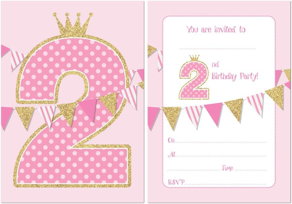 Second Birthday Party Invitations - Pink with Faux Glitter Effect - 24 x A6 postcard size cards (With Envelopes)