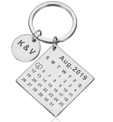 Personalized Custom Calendar Keychain, Stainless Steel Highlighted with Heart Date, Engrave Date Wedding Anniversary Keyring Gift, Gift for her,