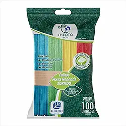 Palito para Sorvete, Theoto, Ponta Redonda, Cores Sortidas, 100 Unidades