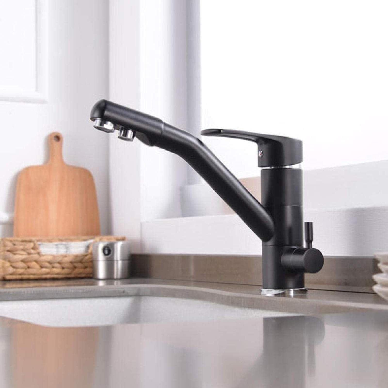 Robinet de cuisine filtré à trois voies en laiton de couleur avoine avec double poignée