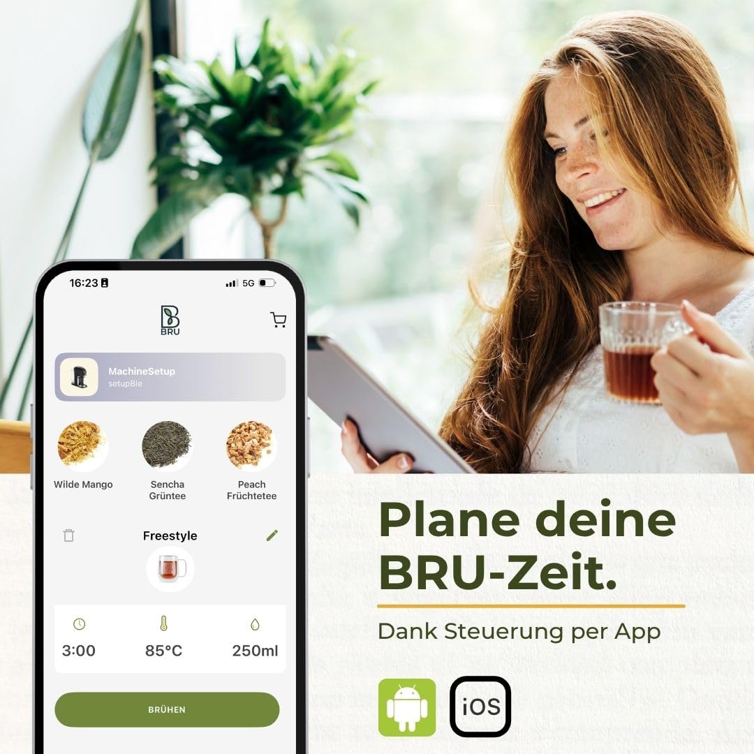 BRU Teeautomat für losen Tee, Kräuter & Teebeutel – Heißwasserspender & Teemaschine in einem, ohne Kapseln, filtriertes Wasser auf Knopfdruck, automatisches Reinigungssystem