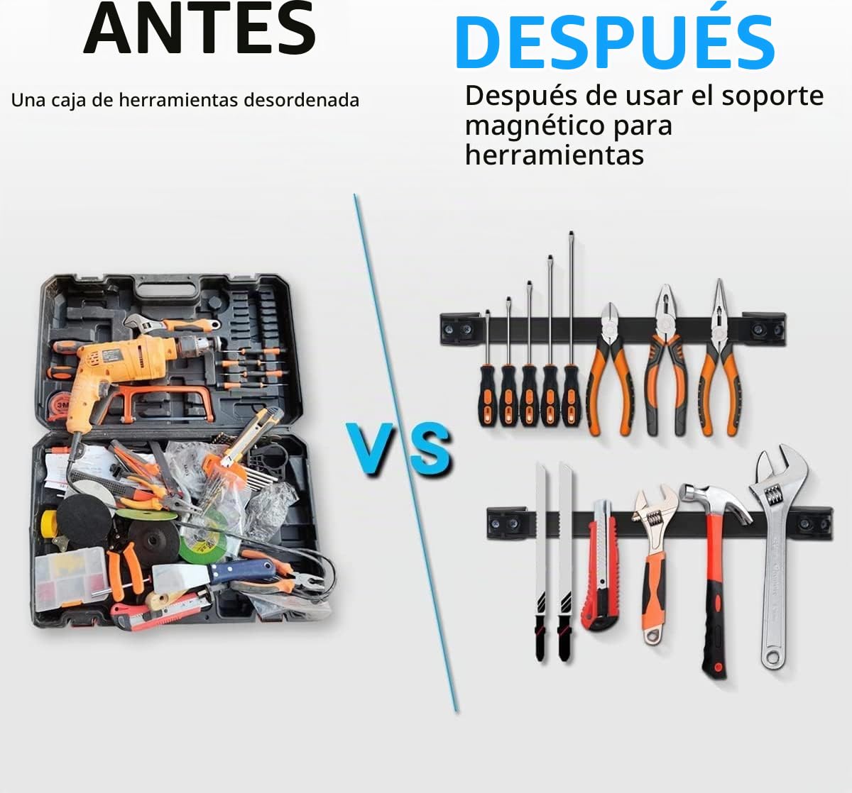 Juego de 5 barras magnéticas para herramientas, 40 cm, riel magnético fuerte, soporte magnético para herramientas de pared, soporte magnético para herramientas de garaje, organización