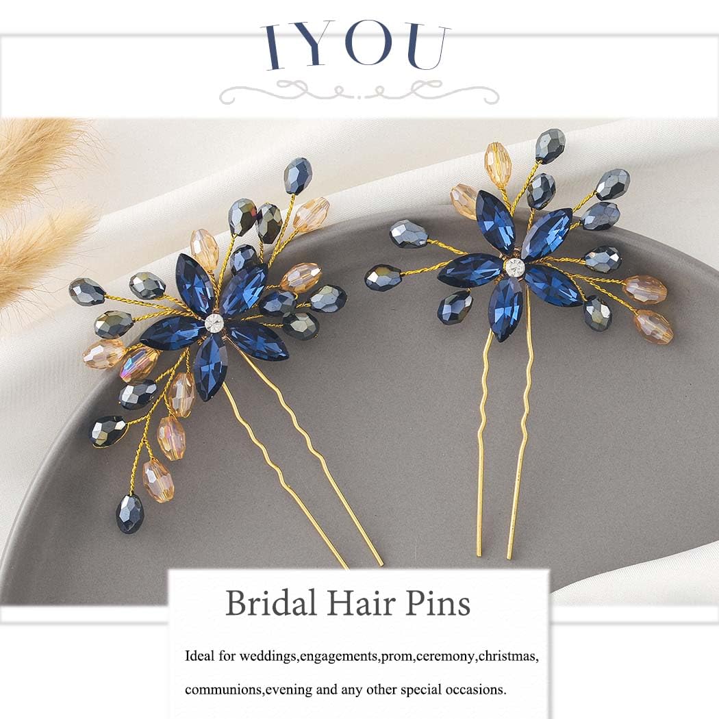 IYOU Rhinsetone Wedding Hair Pins Navy Blue Flower Head Piece Crystal Baroque Bridesmaid Prom Hair Accessories for Women(Pack of 2) - Image 3