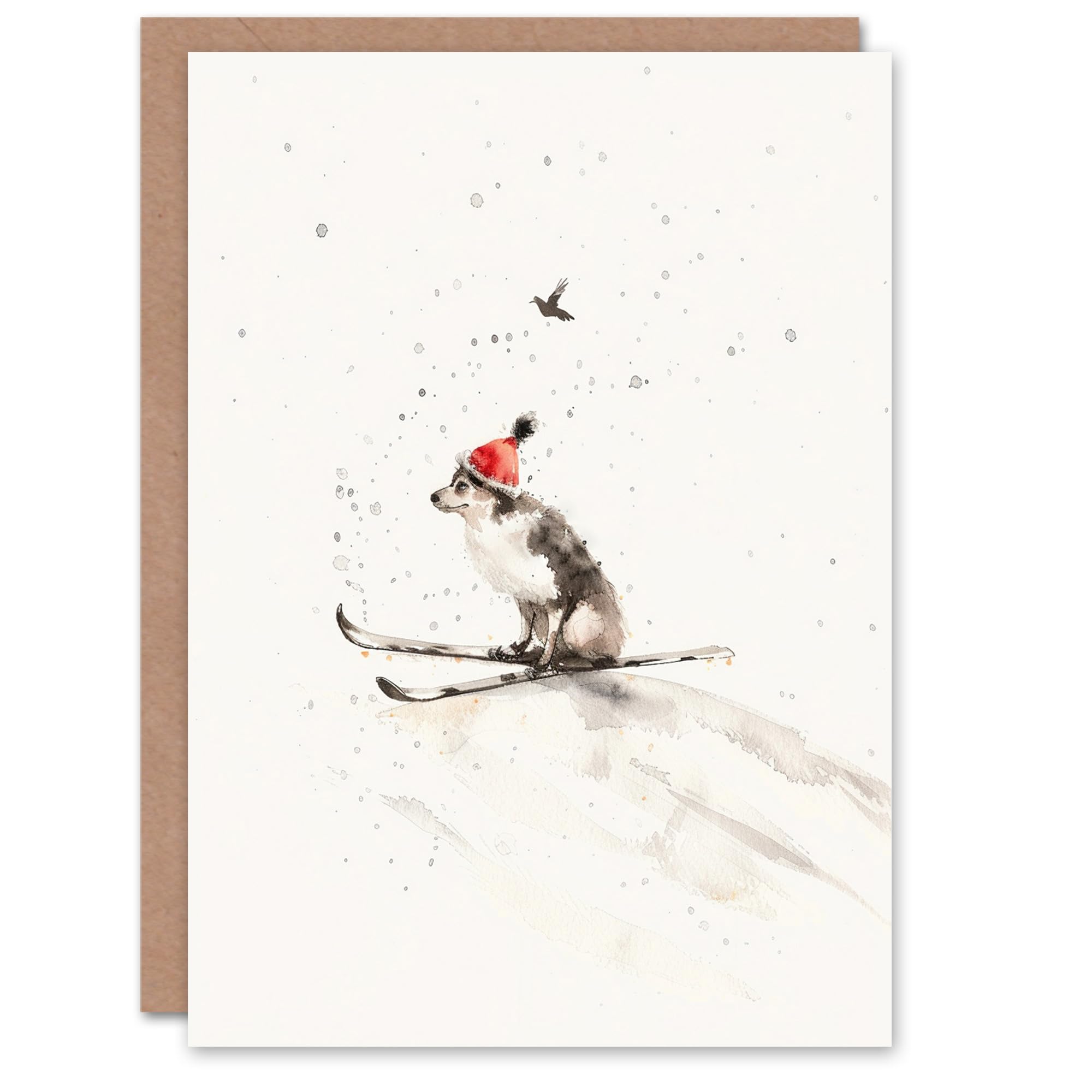 Wee Blue Coo Santa Hat Collie Skiing Christmas Card - White