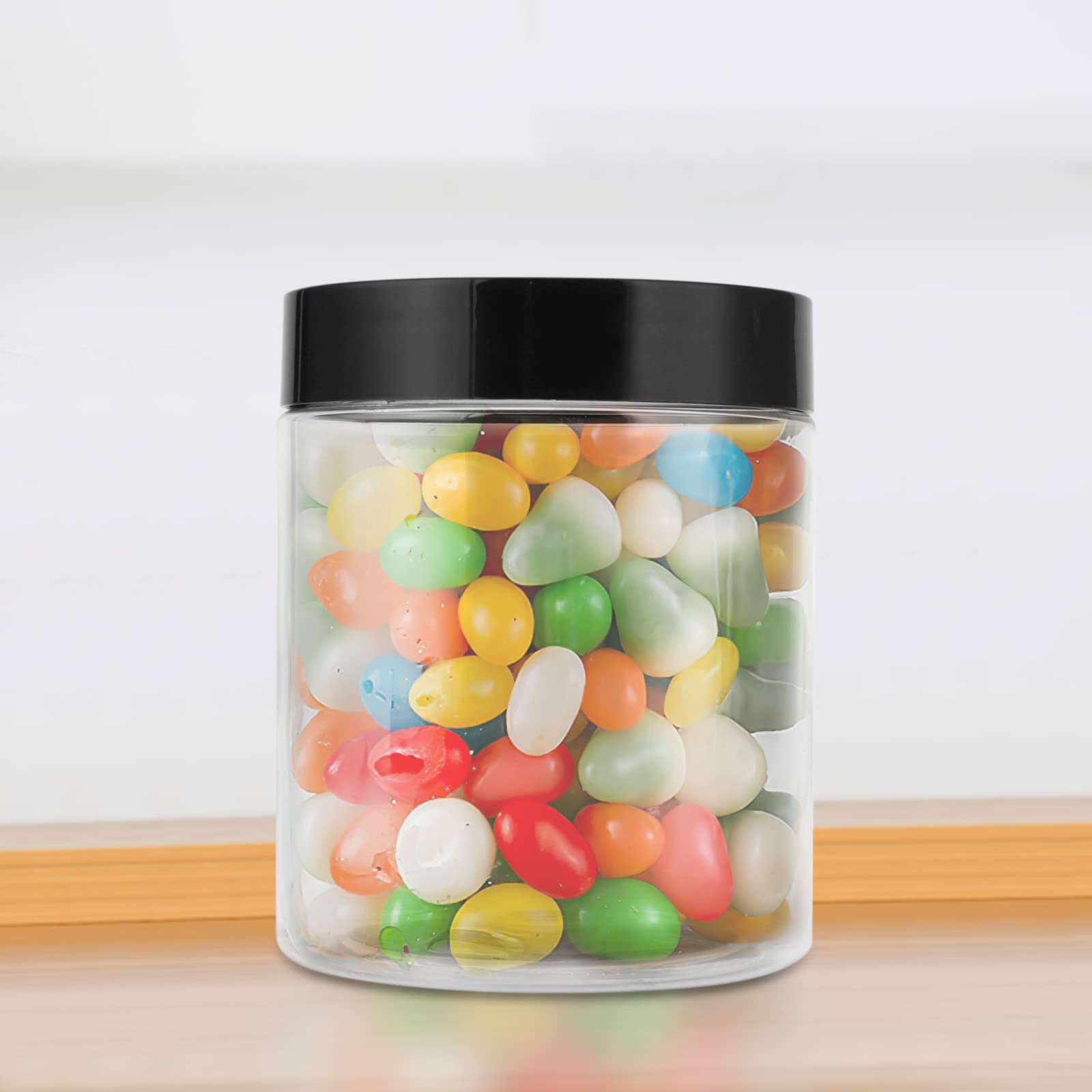 MUKLEI 24 stuks 250 ml plastic potten met zwart deksel, ronde plastic jampotten, doorzichtige plastic voedselopslagpotten voor droog voedsel, specerijen, snoep, ambachten