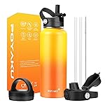Water Bottle Insulated 32oz 40oz 64oz 128oz Straw Lid Spout Lid & 3 Lids, Leak Proof, Vacuum Insulated,Stainless Steel Water Bottle Wide Mouth for Sports, Gym or Office (Yellow Orange, 40 oz)