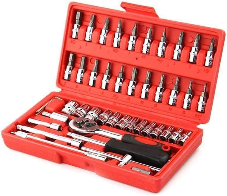 Chrome Vanadium Material 46 Pcs - 1/4" Screwdriver Drive Socket Bit Set, Car Repair Tool with Reversible Ratchet Wrench Spinner Handle and Extension Bar Kit for Automobile