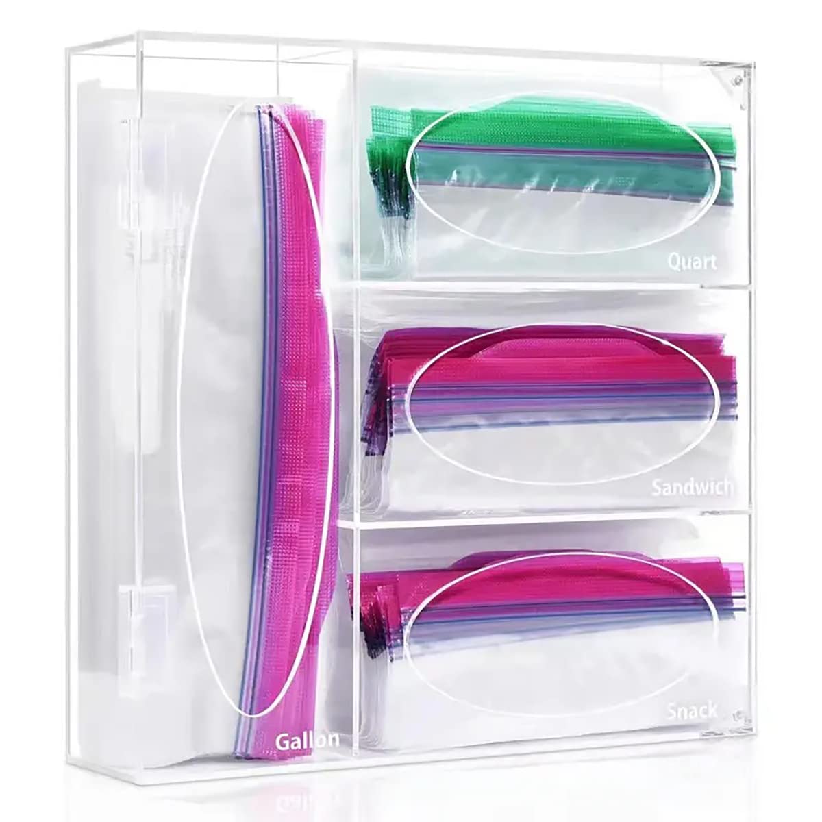 Dezyn Transparent Acrylic Ziplock Bag Organizer And Dispenser For Kitchen Storage, Compatible With Various Sizes,Holds Gallon Quart,Snack,Sandwich Bags-Clear