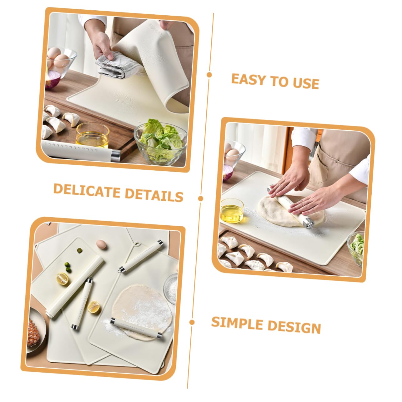 MAGICLULU Rutschfeste Silikon Backmatte mit Edelstahl Teigroller Beige Leicht zu Reinigen für Brot und Kuchen