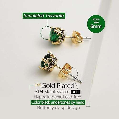 Miniatura 2 de Aretes negros y dorados para hombres y mujeres, con corona retro, hipoalergénicos, de acero inoxidable, con circonita cúbica