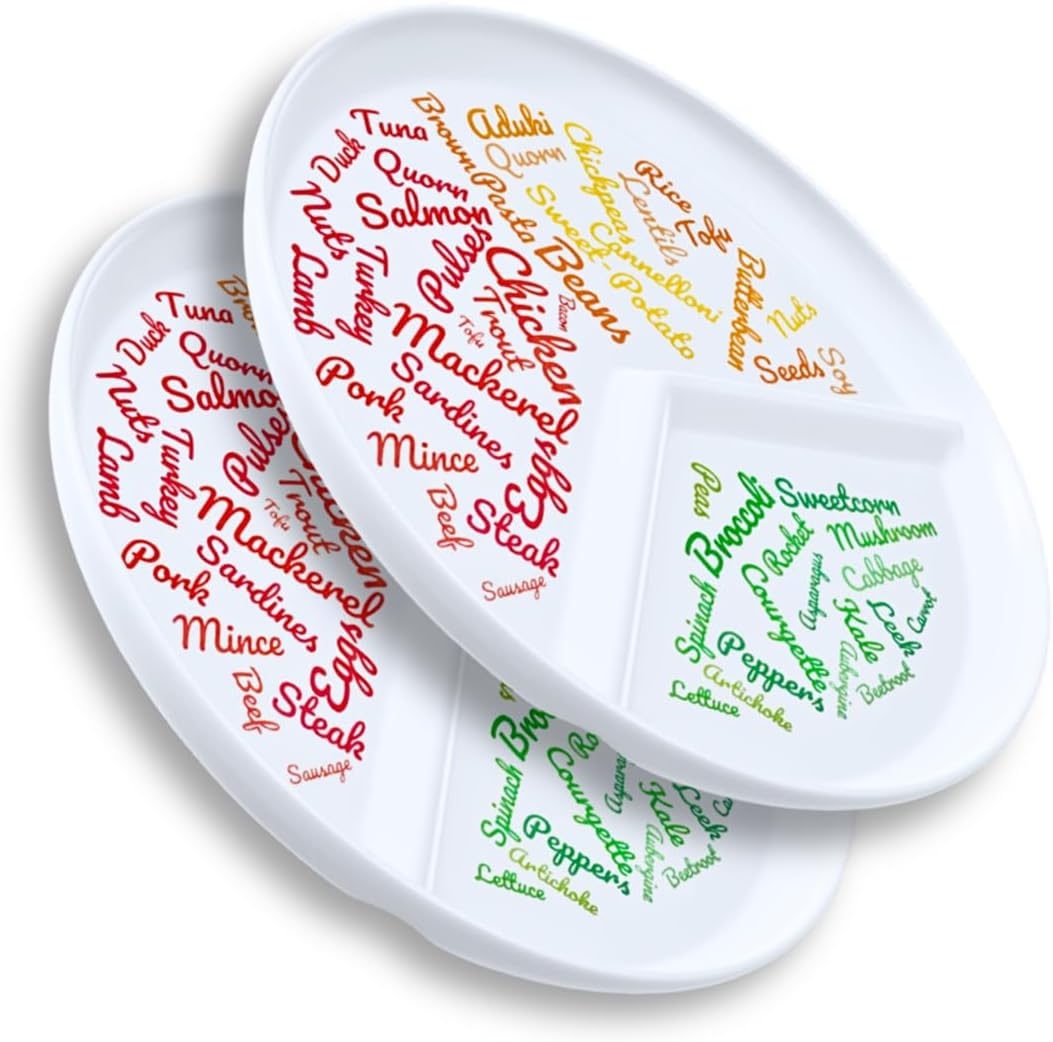 j&m Your Plate: Divided Portion Control Diet Plate for Adults (2 Pack) - Unique Ridged Section & Food Ideas, Dishwasher Safe