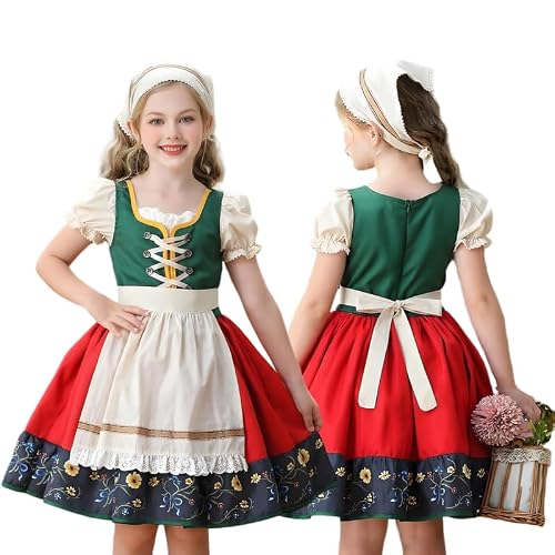 Runstarshow - Runstarshow Bavarian Costume Girls Dirndl Dress Kids Oktoberfest Outfit 3-Piece Puff Sleeve Dress with Floral Embroidery Apron Headscaft German Beer Maid Costumes Age 5-12 Years