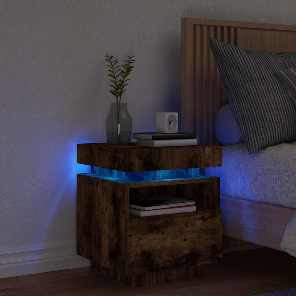 Moderner Nachttisch mit RGB LED Beleuchtung und USB Anschluss - Stauraum Schrank für Wohnzimmer und Schlafzimmer aus Holzwerkstoff