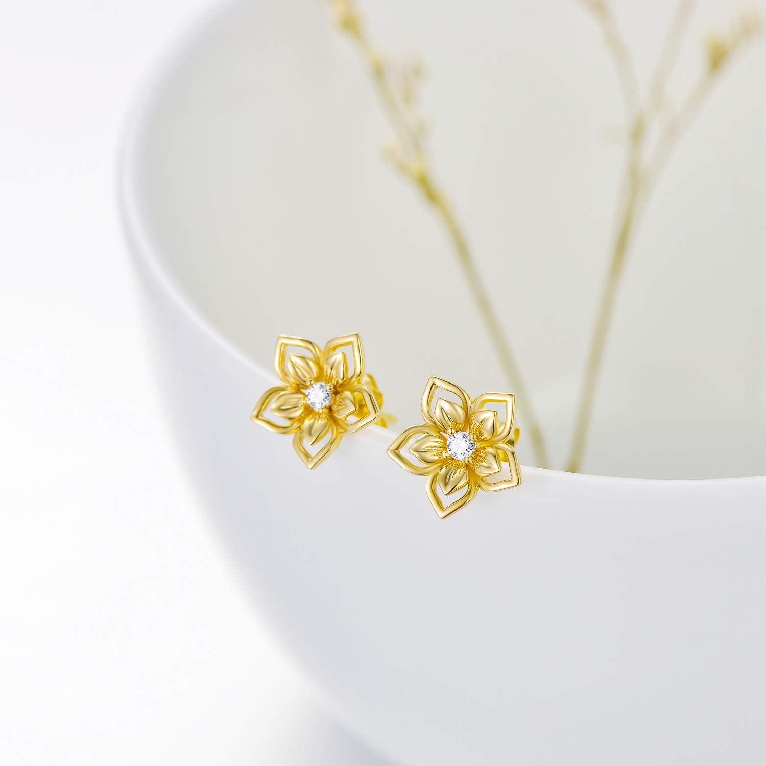 14K Solid Yellow Gold Flower Stud Earrings With Push Backs, Real Gold Elegant Jewelry Gift for Her